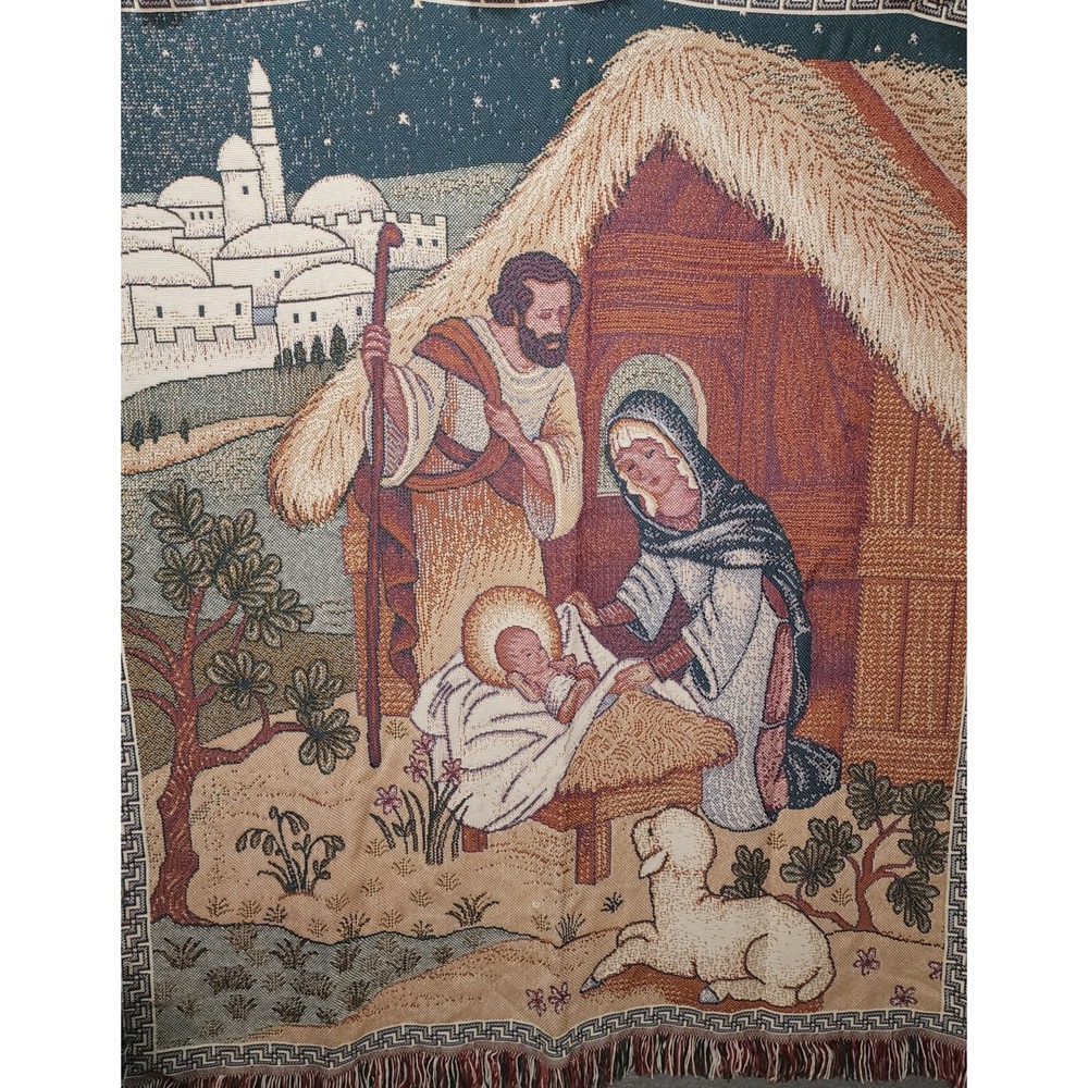 Nativity‎ Baby Jesus in Manger Christmas Woven Tapestry Throw Blanket 55"x48" - Picture 2 of 6